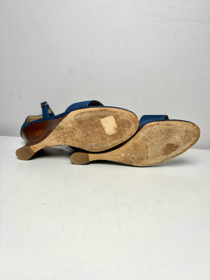 W Shoe Size 38 (8 US) Manolo Blahnik Wedge Heel Blue Cotton Pre-owned Sandals