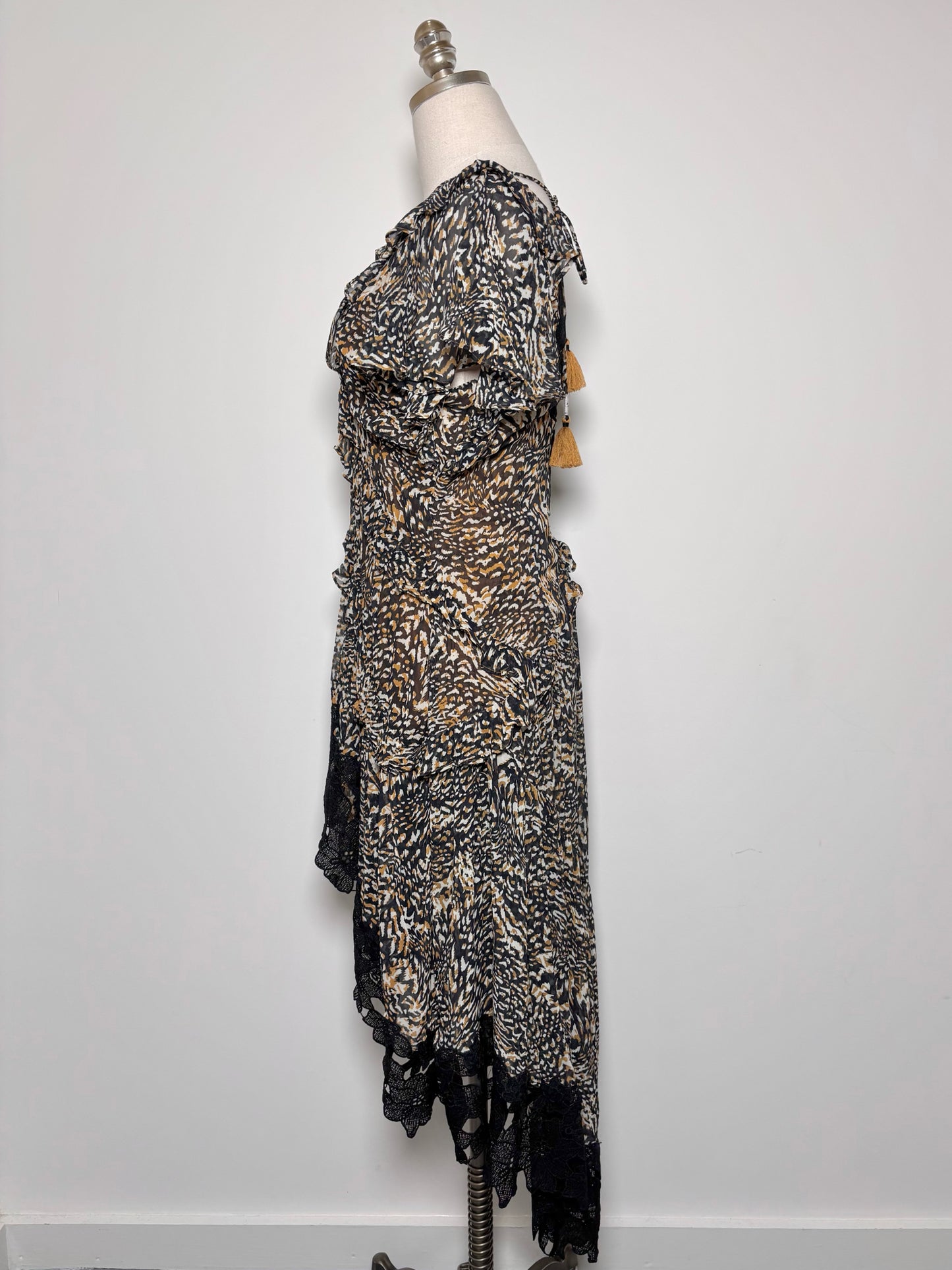 Women Size 8P Anthropologie Black, Gold Floral Lace Trim NWT Dress