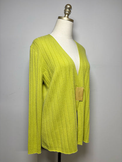 Women Size M Lafayette 148 Lime Green Striped Pure Cashmere Pre-Owned Cardigan