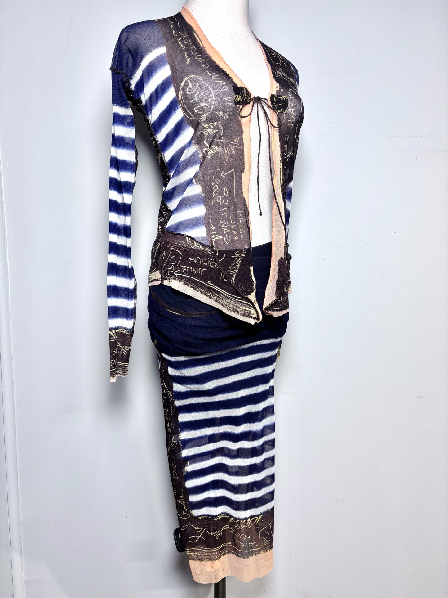 Women Size S (Estimate) Jean Paul Gaultier Blue, White Striped 2 Piece Mesh Set