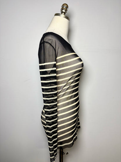 Women Size M Fuzzi Jean Paul Gaultier Black, Beige Striped Vintage 1990s Mesh Top
