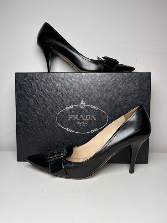 W Shoe Size 38.5 Prada Black Leather Genuine Leather Women's Vintage Heels