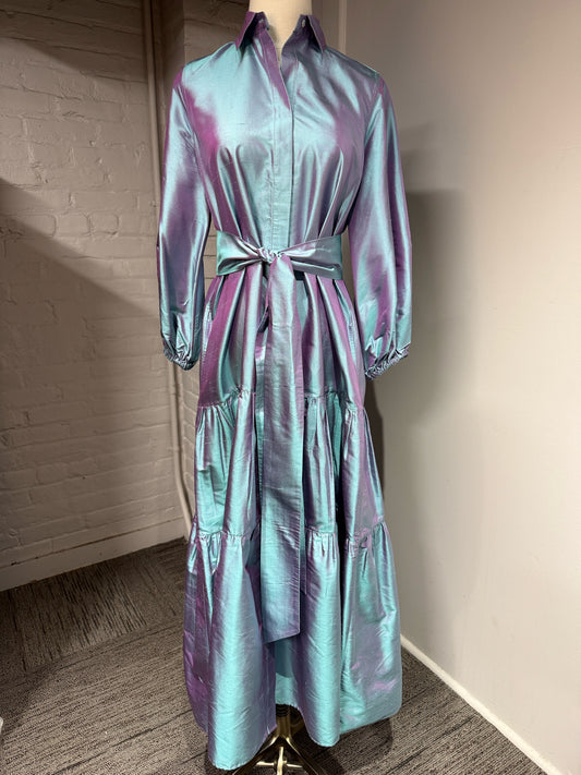 Women Size S Ann Mashburn Blue Iridescent Silk Shantung Drop Waist Dress