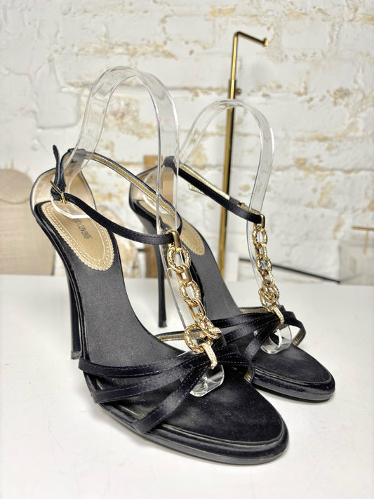W Shoe Size 39 (9, US) Roberto Cavalli Black Chain T-Strap CZ Stones Sandals