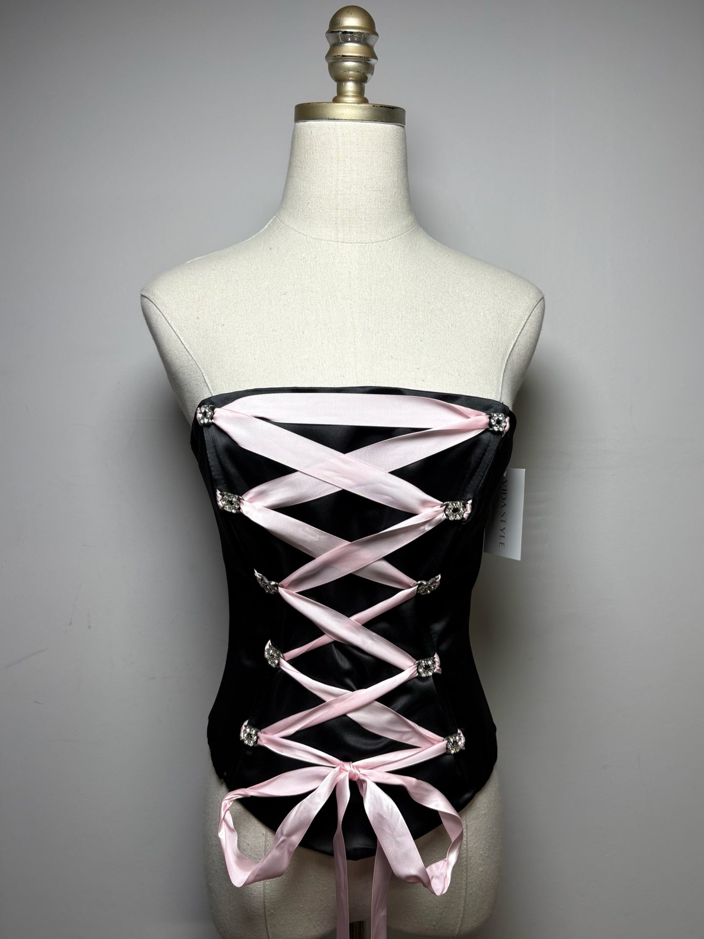 Women's Size XS Dollar Black Shiny Crystal Corset Lace Pink Ribbon NWT Pre-Owned Shirt