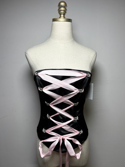 Women's Size XS Dollar Black Shiny Crystal Corset Lace Pink Ribbon NWT Pre-Owned Shirt
