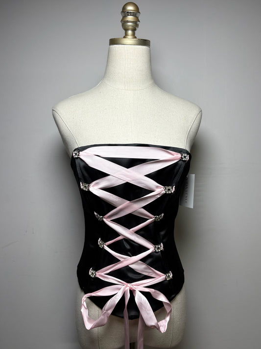 Women's Size XS Dollar Black Shiny Crystal Corset Lace Pink Ribbon NWT Pre-Owned Shirt