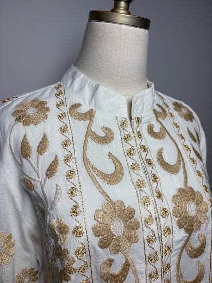 Women Size L Soft Surroundings Off-White Floral Embroidered Cotton Linen Pre-Owned Long Jacket