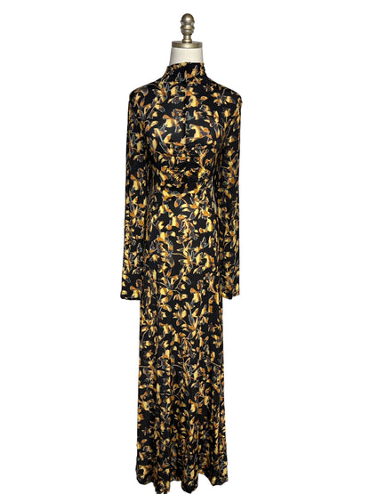 Long sleeve mock neck black maxi dress with gold floral pattern