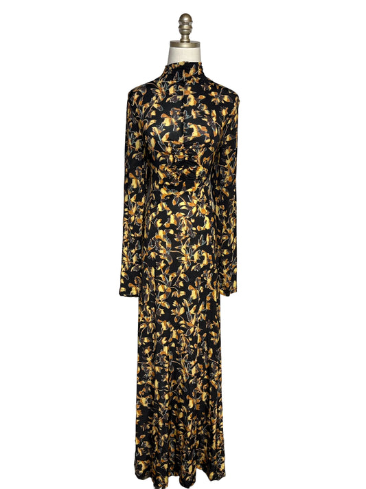 Long sleeve mock neck black maxi dress with gold floral pattern