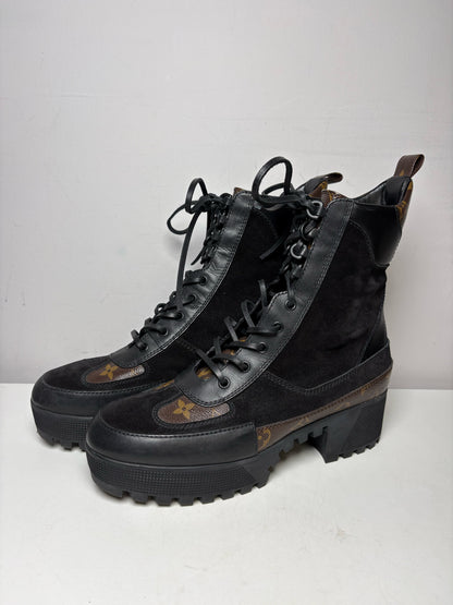 Women's Shoe Size 42 Authentic Louis Vuitton Laureate Black & Brown Leather Suede Pre-Owned Platform Desert Boots