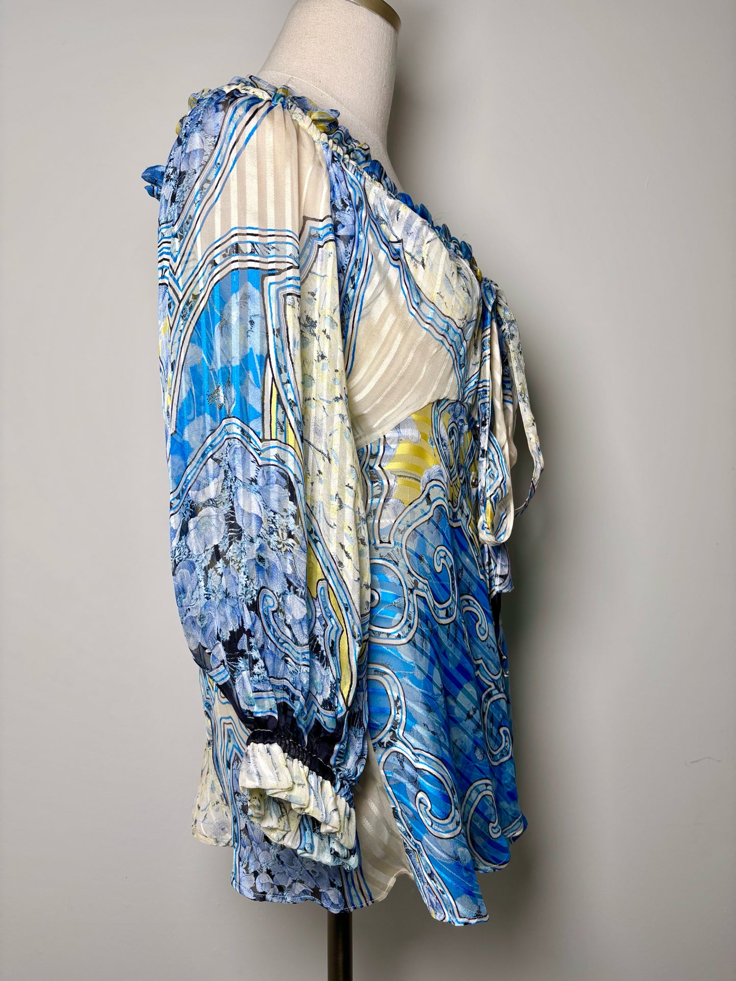 Women Size L Roberto Cavalli Blue, Yellow, Black Abstract Print Silk Boho Blouse
