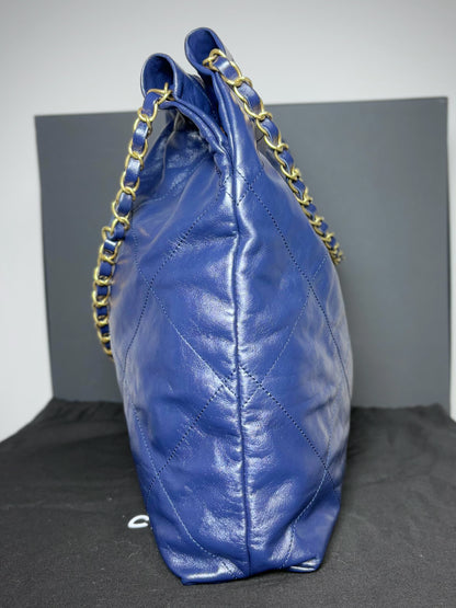 Chanel 22 Calfskin Leather Metallic Navy Blue Quilted Purse