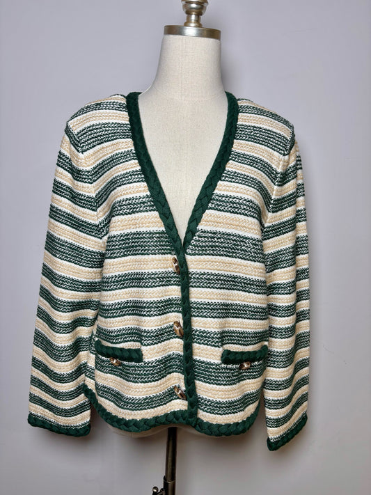 Women Size L Veronica Beard Green/Khaki Stripe Linen NWT Sweater