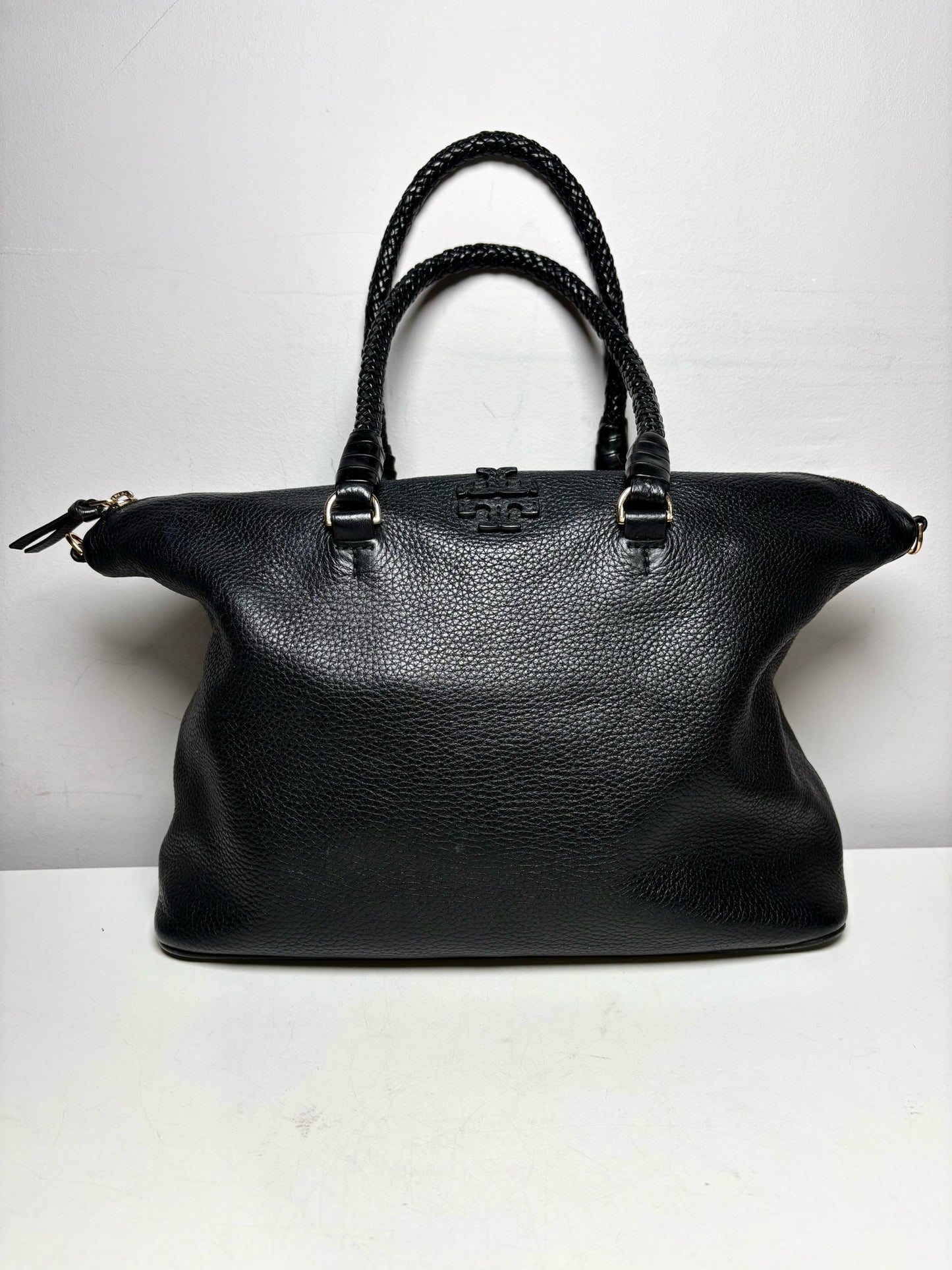 Women's Tory Burch Black Pebble Leather Woven Handle Pre-Owned Shoulder Bag