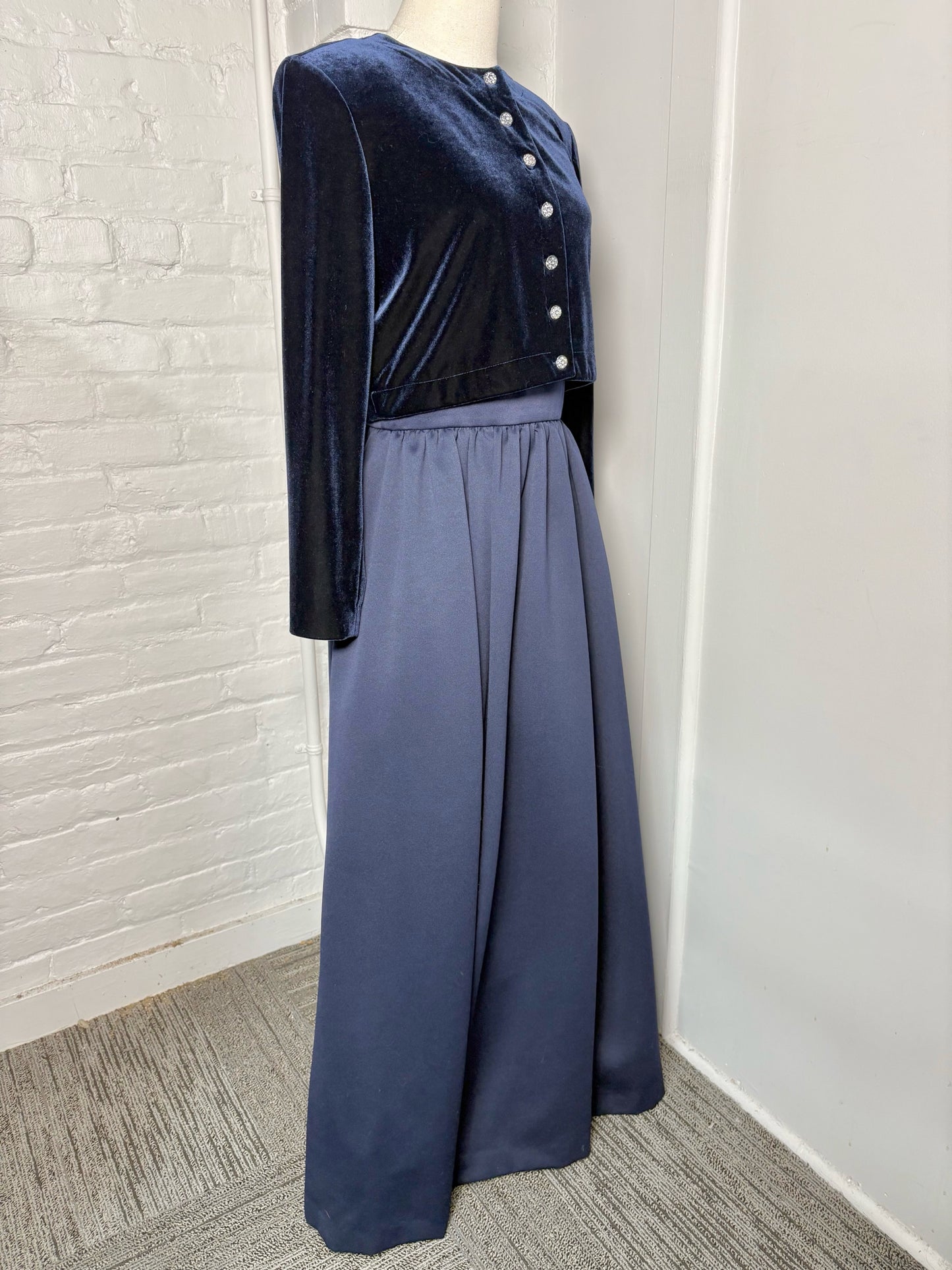 Women Size 14 (Fits L) En Francais by Huey Waltzer Navy Blue Solid Vintage Gown