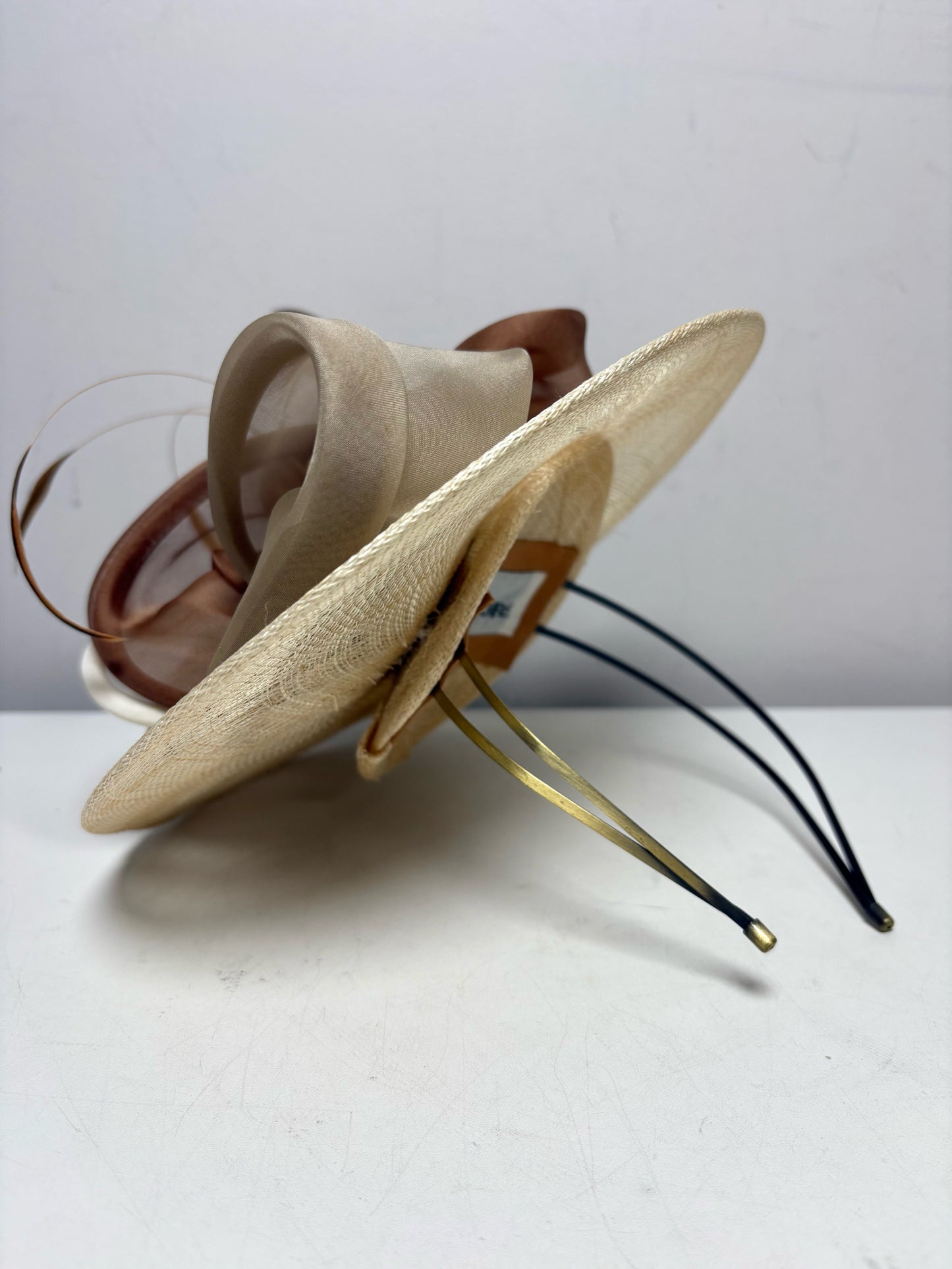 Christine A. Moore Tan Mesh & Rattan Pre-Owned Fascinator Headband Hat