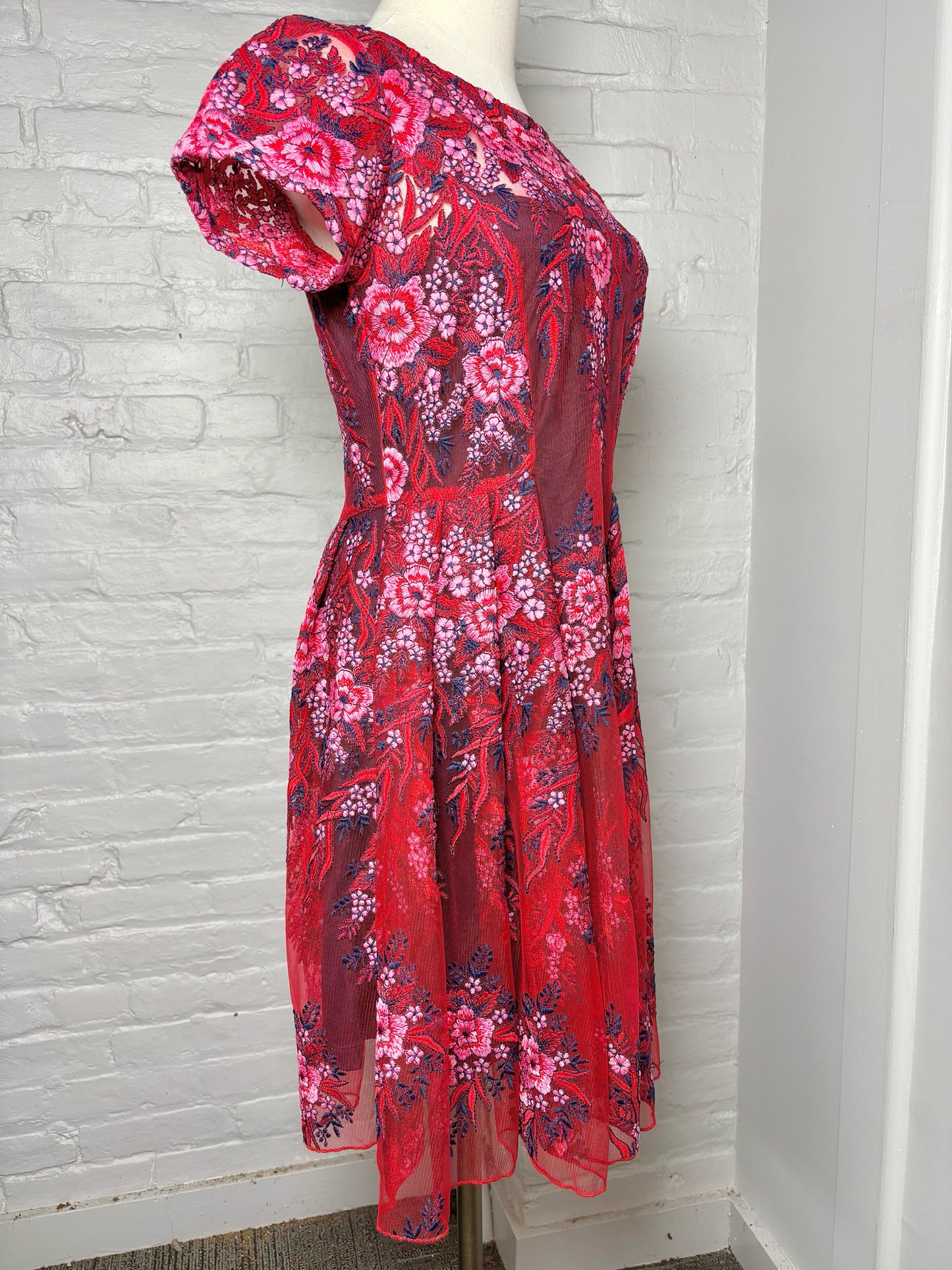 Women Size 0 Eva Franco Red, Blue Floral Polyester Dress