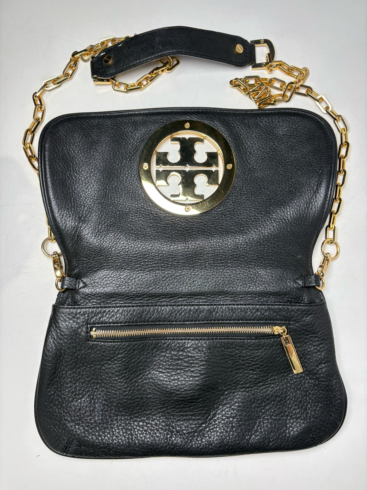Women's Tory Burch Black Pebble Leather Gold-Tone Logo Pre-Owned Small Purse