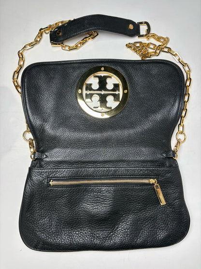 Women's Tory Burch Black Pebble Leather Gold-Tone Logo Pre-Owned Small Purse