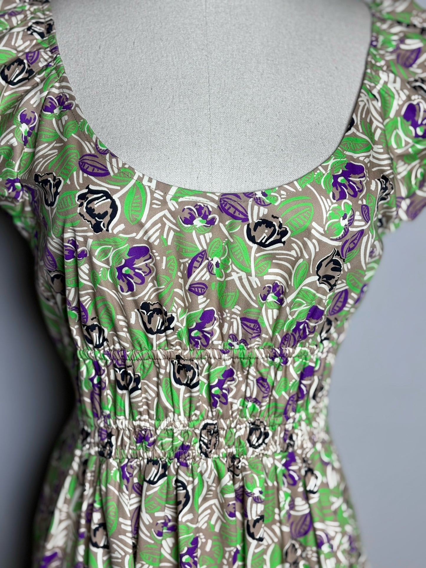 Women Size 4 Tory Burch Brown, Green Floral Pure Cotton Women's Pre-owned Dress
