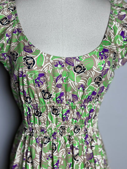 Women Size 4 Tory Burch Brown, Green Floral Pure Cotton Women's Pre-owned Dress