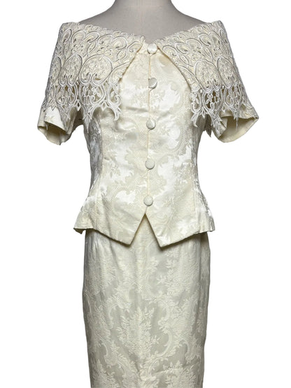 Size 12 Jessica McClintock Vintage Off-white Lace Jacket/Skirt Women's Suit