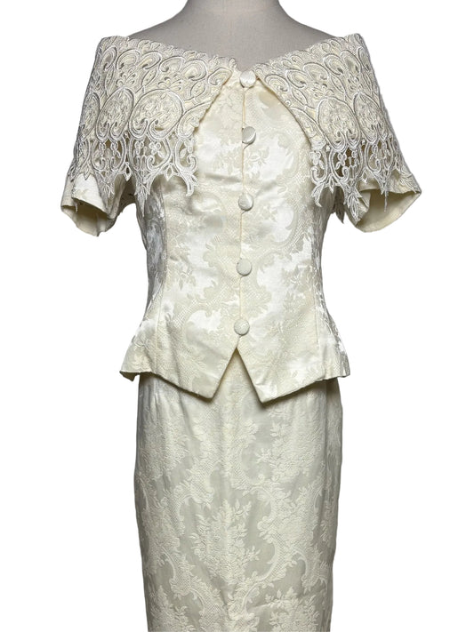 Size 12 Jessica McClintock Vintage Off-white Lace Jacket/Skirt Women's Suit