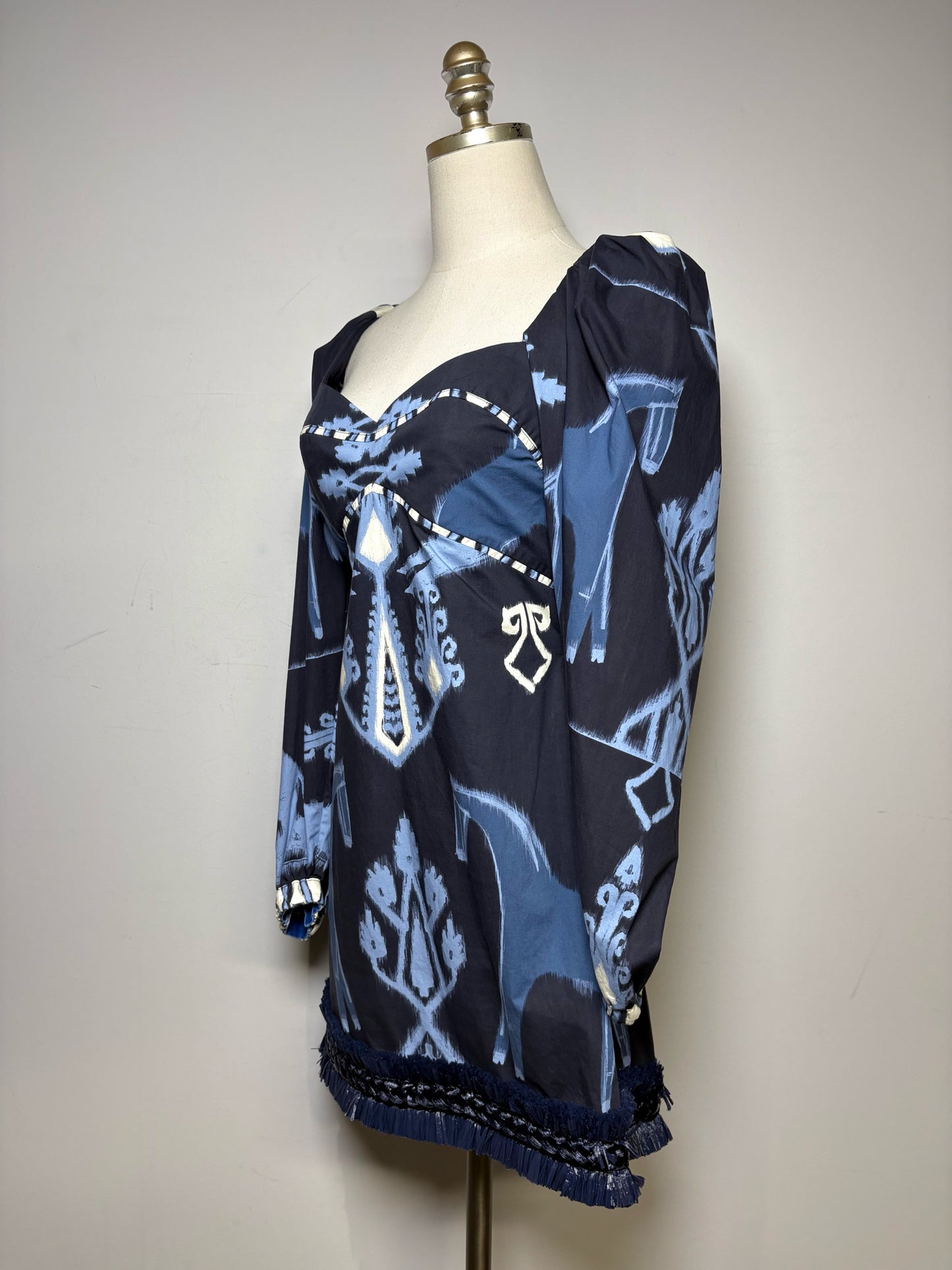 Women's Size S Johanna Ortiz Blue & White Aztec Print Organic Cotton Pre-Owned Mini Dress