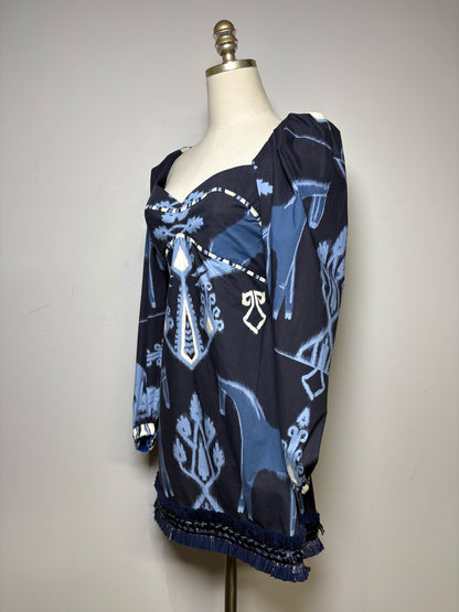 Women's Size S Johanna Ortiz Blue & White Aztec Print Organic Cotton Pre-Owned Mini Dress