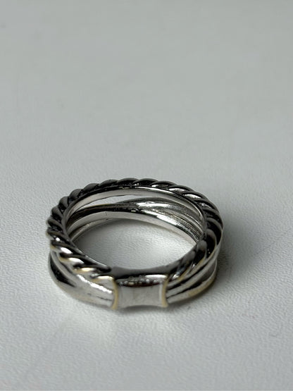 David Yurman Three Row Diamond Sterling Silver, 18K Yellow Gold 7 Pre-owned Ring