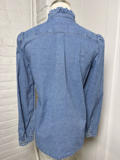 Women Size 34 (2) A.P.C Rue Madame Blue Pinstripe Cotton Ruffle Trim Shirt