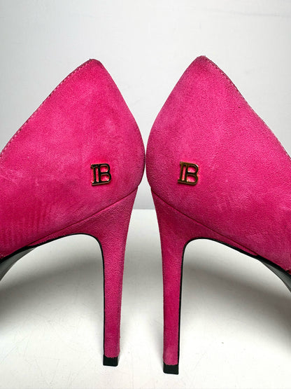 W Size 39 (8 - 8.5) Balmain Miley Fuchsia, Gold Trim Leather Suede NWOT Heels