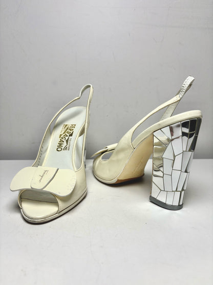 Women Shoe Size 7.5 B Salvatore Ferragamo Off-White Patent Leather Pre-Owned Slingback Heels