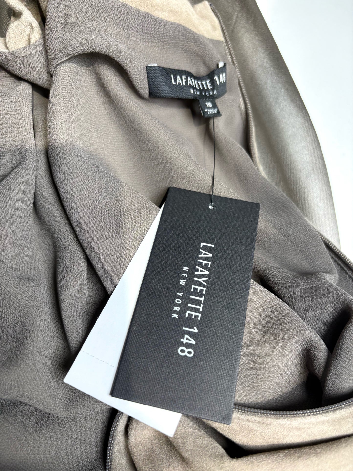 Size 16 Lafayette 148 Brown Solid Women's Leather, Silk Pre-owned, NWT Dress