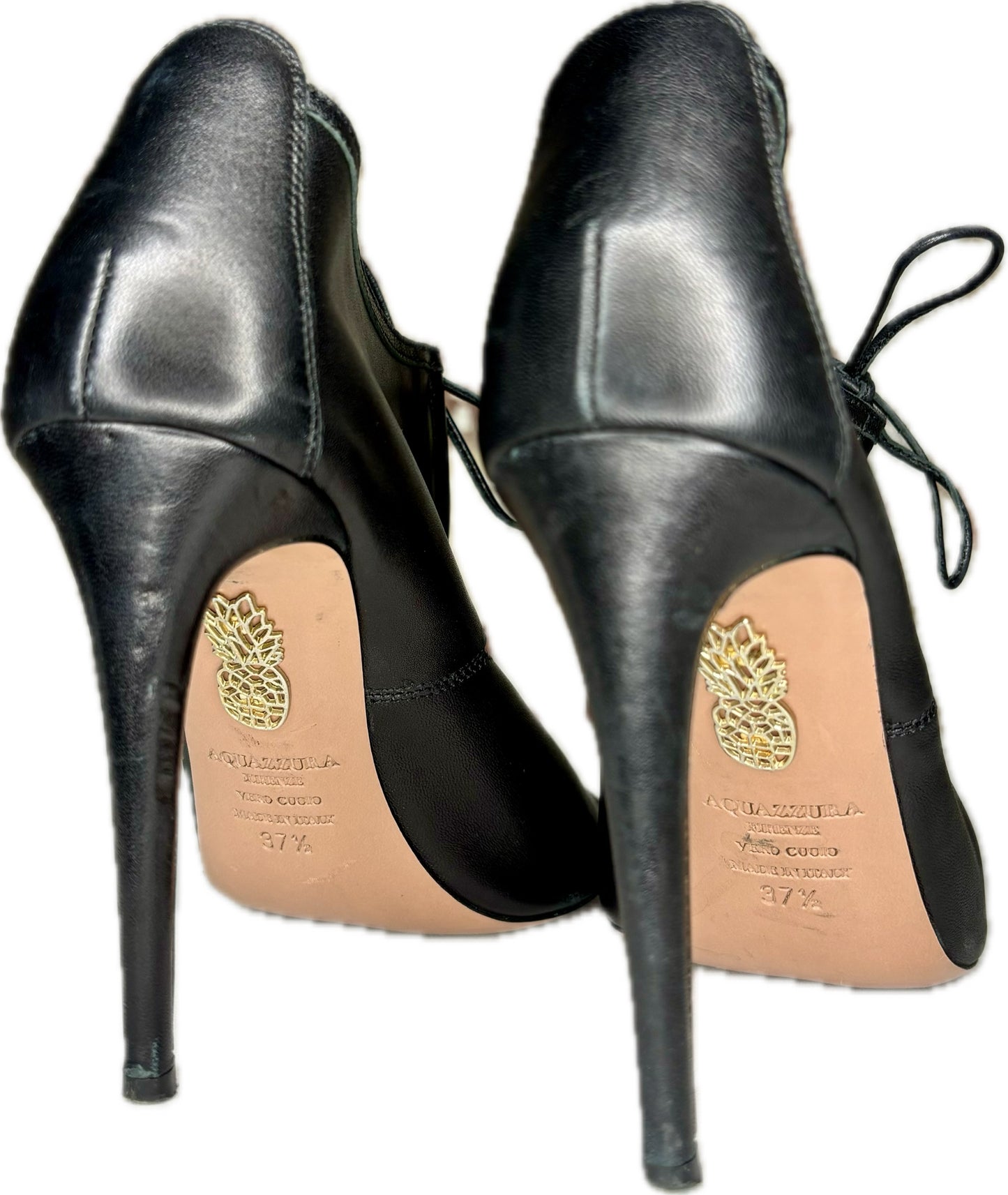 Aquazzura Black Leather Cowhide Cutout Heels, Sz 37.5