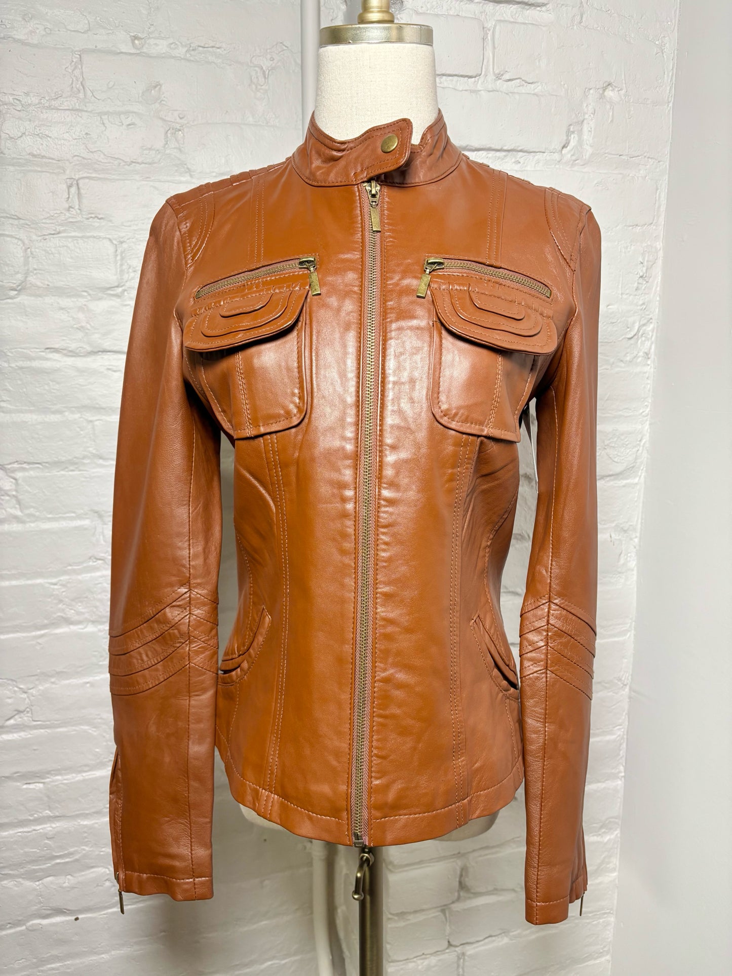 Women Size S Bagatelle Brown Solid Leather Jacket