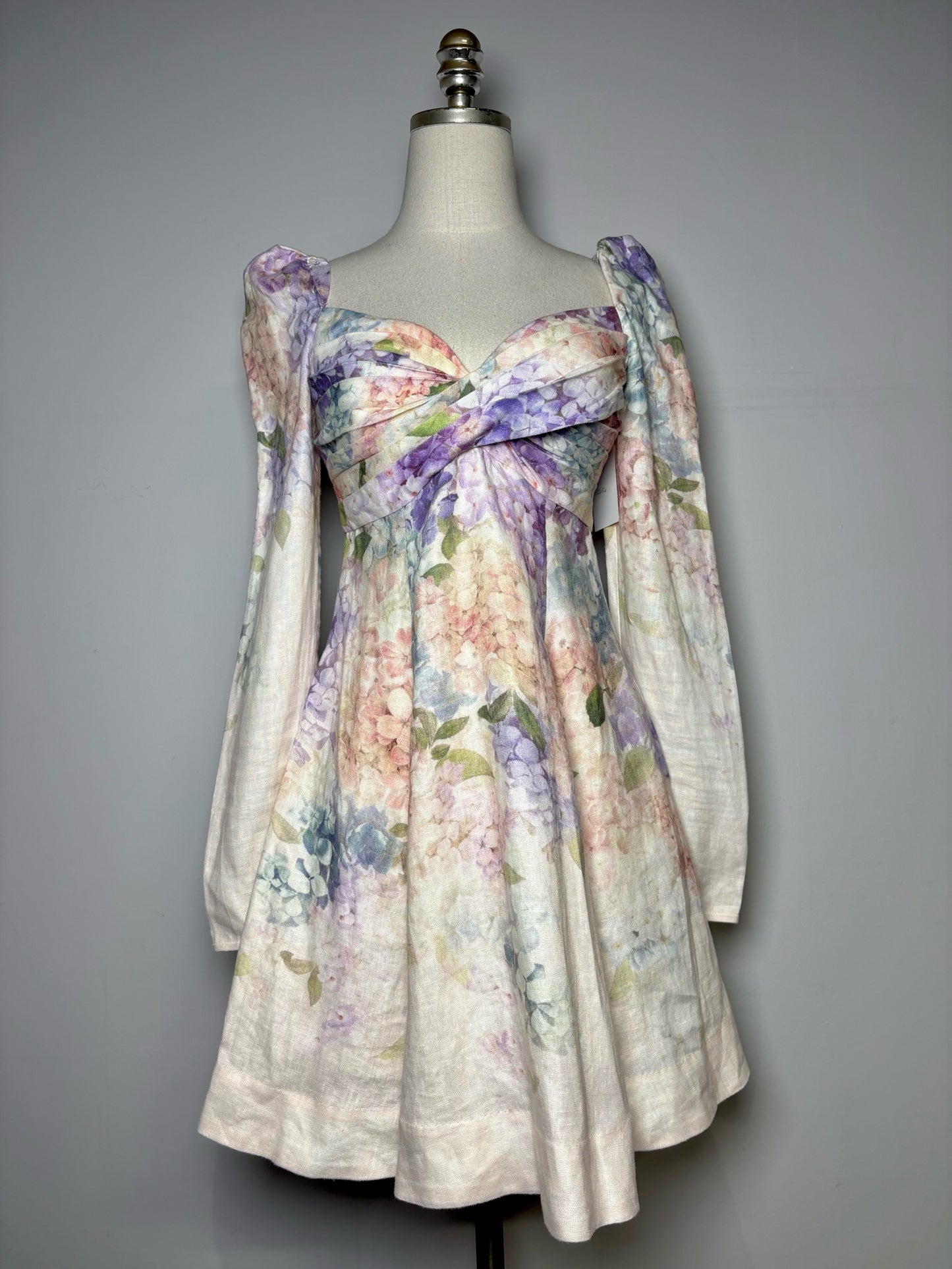 Women Size 1 Zimmermann White, Blue, Green, Pink Dawning Floral 100% Linen Dress