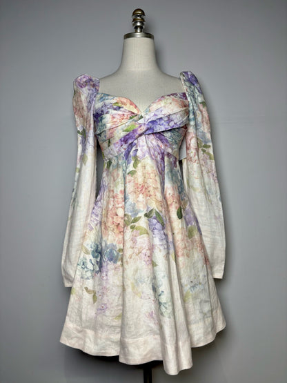 Women Size 1 Zimmermann White, Blue, Green, Pink Dawning Floral 100% Linen Dress