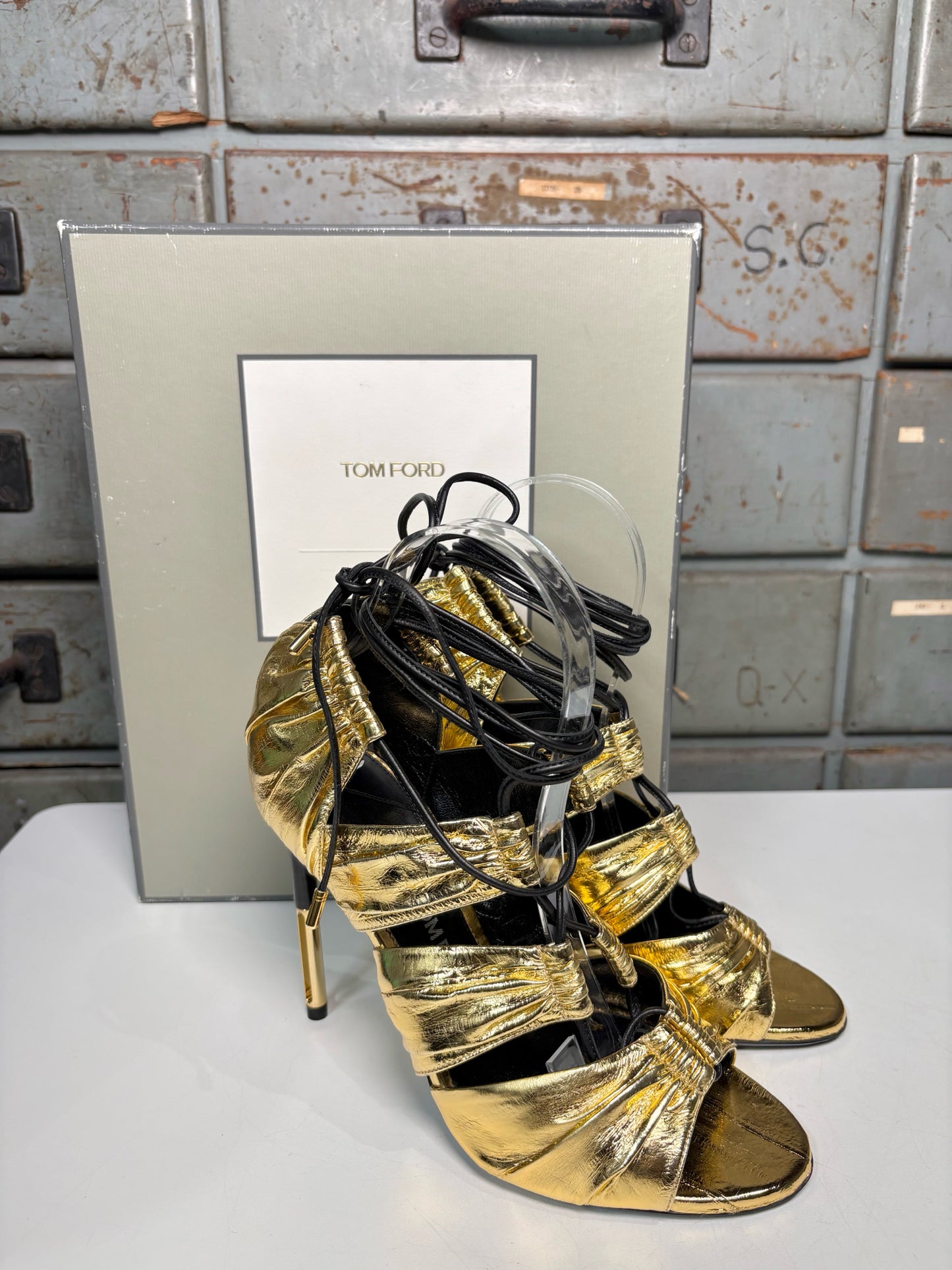 W Shoe Size 38 (7.5 - 8) Tom Ford Metallic Gold Leather Cage Stiletto Heels