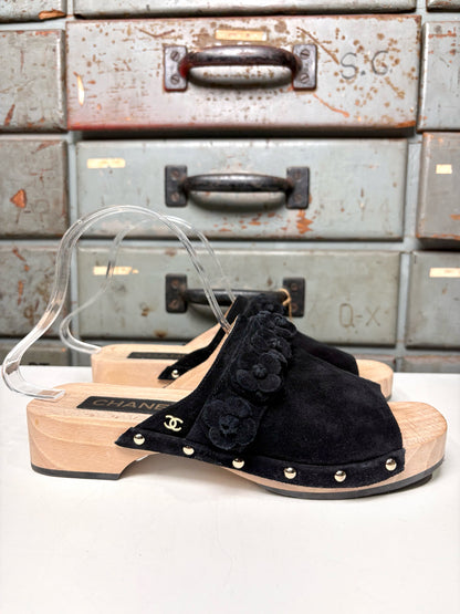 W Shoe Size 39 (8.5 US) Chanel Black Suede Camellia Flower Sandals
