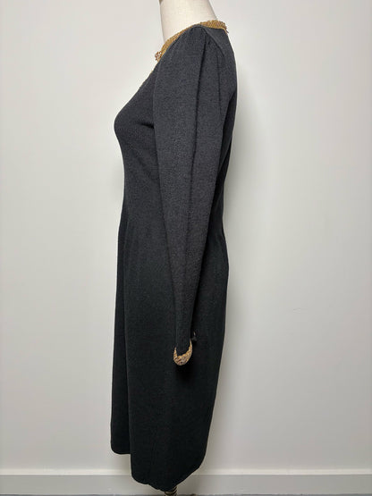 Women Size 4 Saks Fifth Avenue Black Solid Wool Gold Beading Sheath Dress