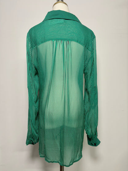 Women Size 14 Diane Von Furstenberg Green, Black Striped Silk Blouse