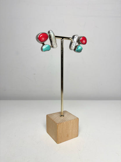 Pre-owned Baroque Pearl, Red Coral, Turquoise Statement Post Earrings