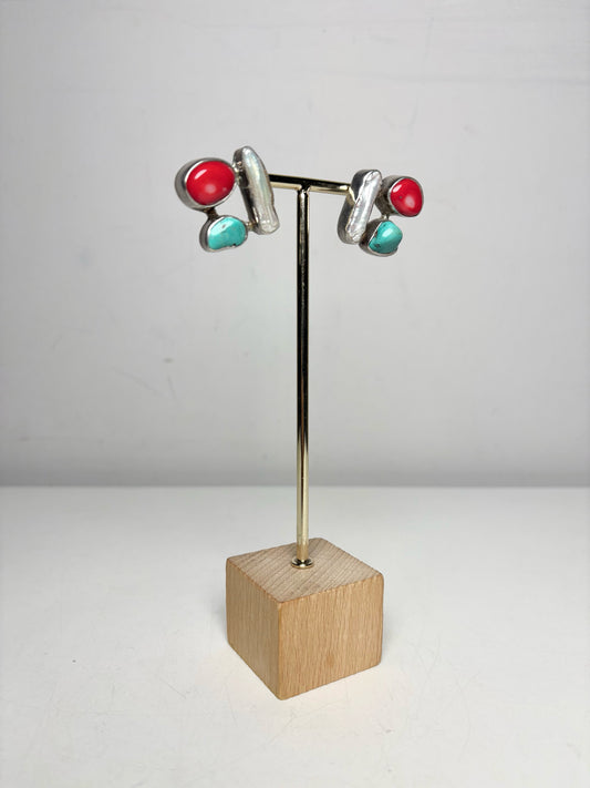 Pre-owned Baroque Pearl, Red Coral, Turquoise Statement Post Earrings