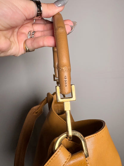 Gucci Leather Tan 2-Way Carry Bamboo Hobo Handbag