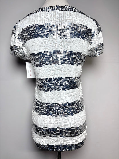 Women Size S Alice + Olivia White & Silver Horizontal Stripes Top