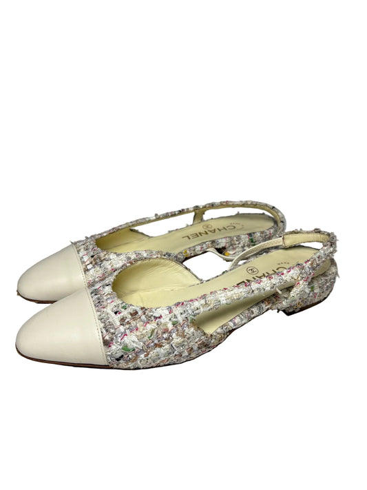 Cream Chanel slingbacks with pink and multicolor tweed 