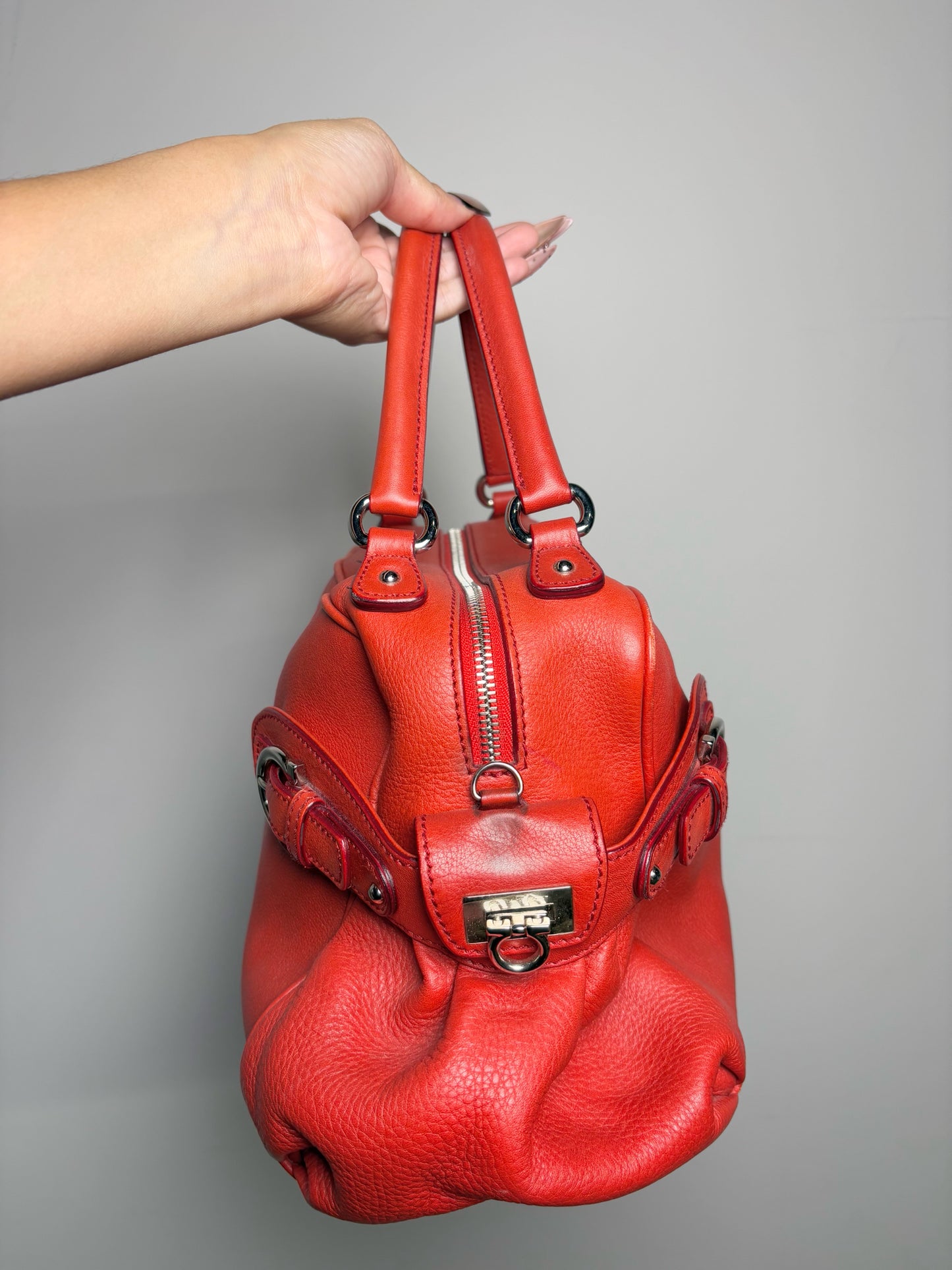 Salvatore Ferragamo Solid Pebble Leather Red Calfskin Medium Purse