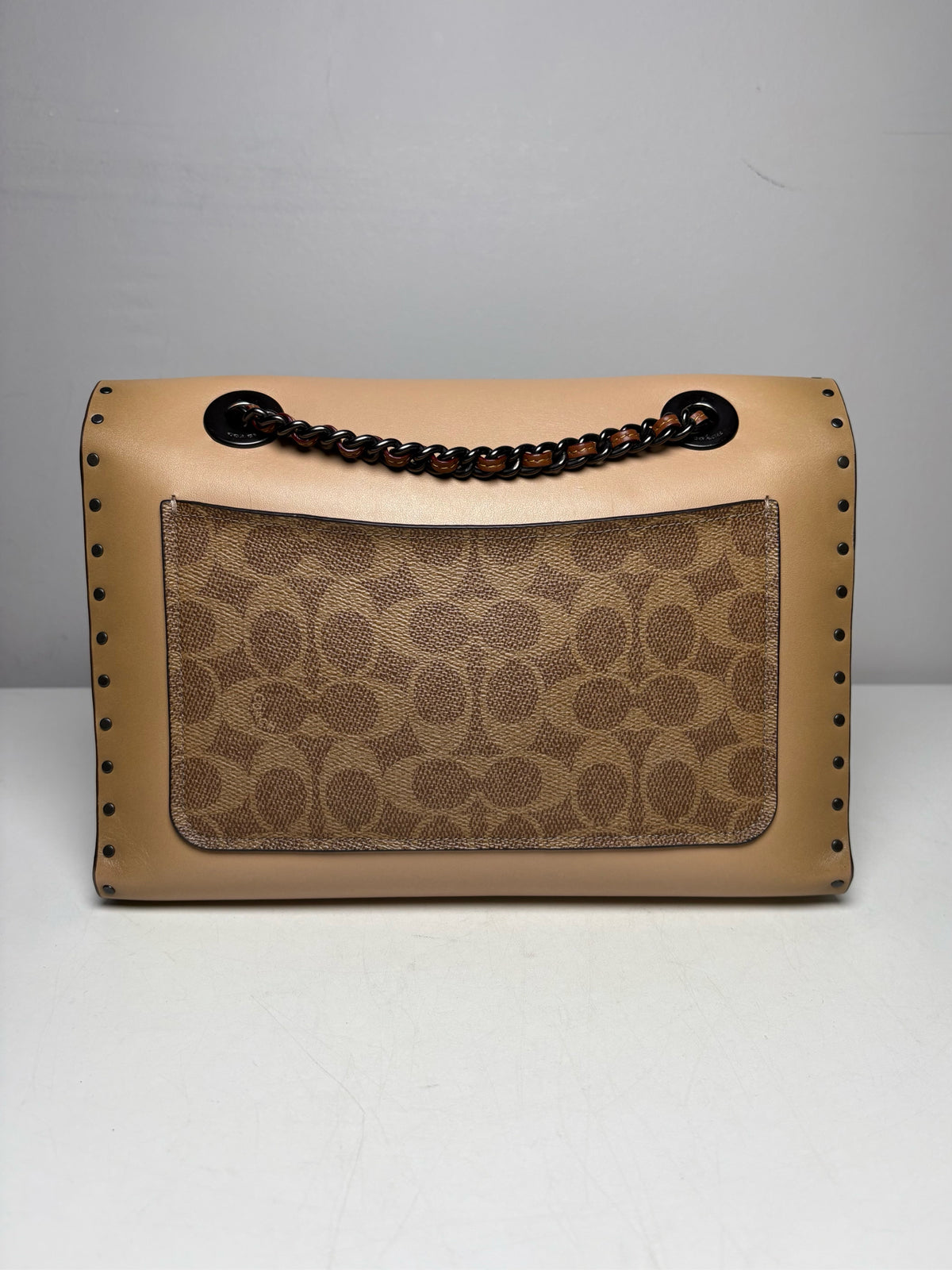 Women's Coach Parker Rivets Snakeskin Print Monogram Leather Pre-Owned Shoulder Bag